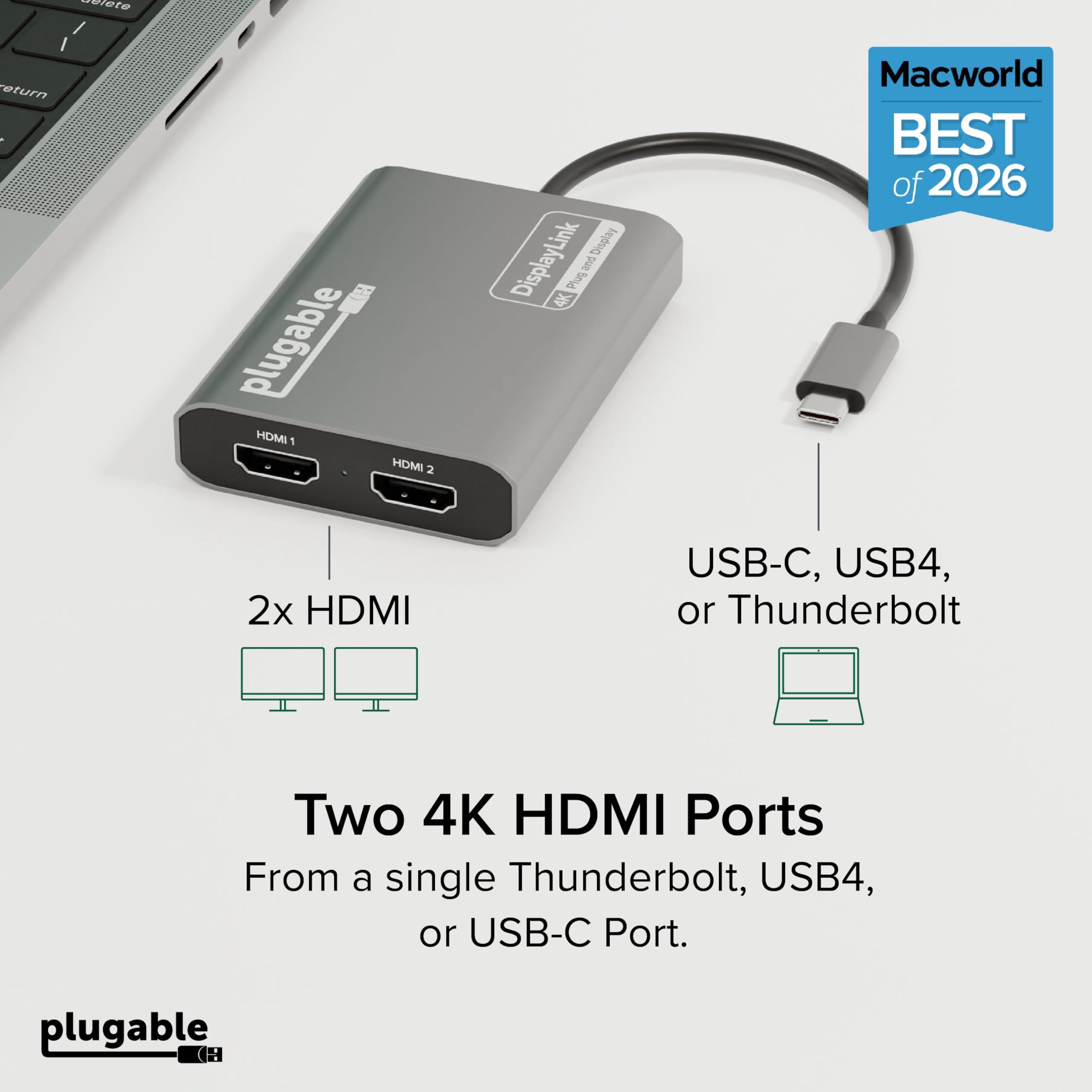 Plugable DisplayLink USB-C アダプター Plugable USB C to HDMI Adapter, Dual Monitor 4K 60Hz for Apple Mac
